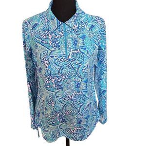 IBKUL Womens Long Sleeve Zip Mock Blue UPF 50 Athletic Cooling Top Size Large